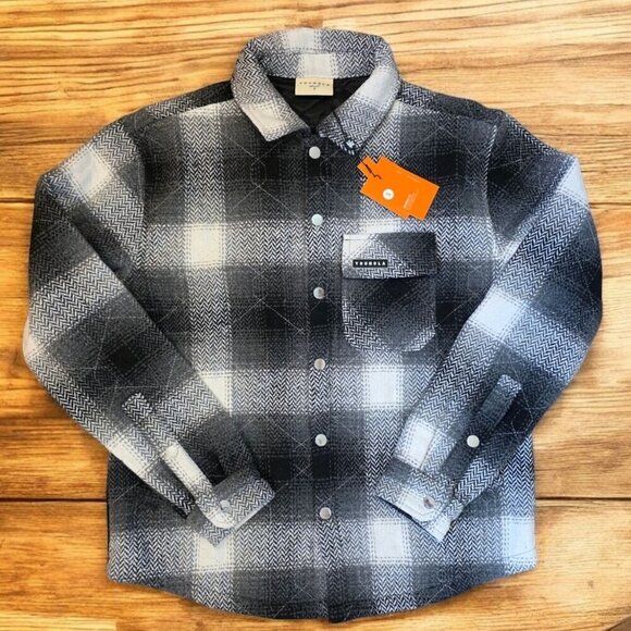 YoungLA Jacket Mens Small Black White Plaid Flannel Shacket Snaps Quilted NWT - Picture 1 of 13